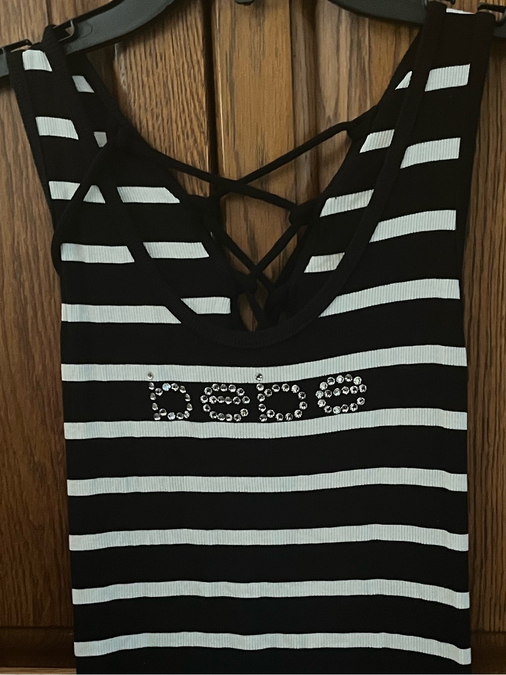 bebe Black and White Striped Crisscross Back Rhinestone Logo Bodysuit